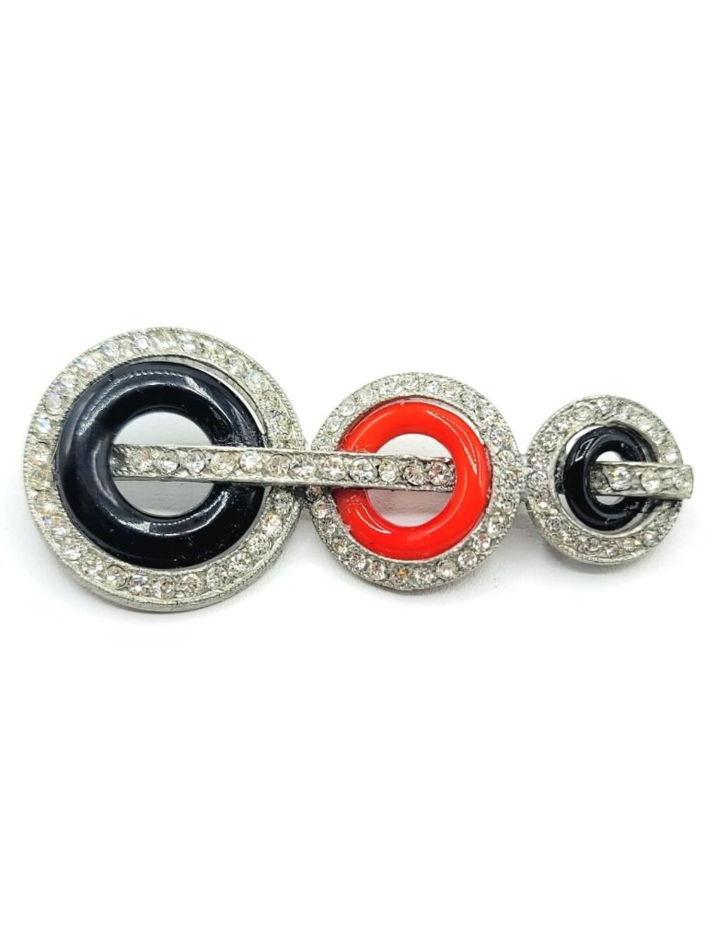 Silvertone Clear Rhinestone Art Deco Step Design Red Glass Ring C Clasp Brooch